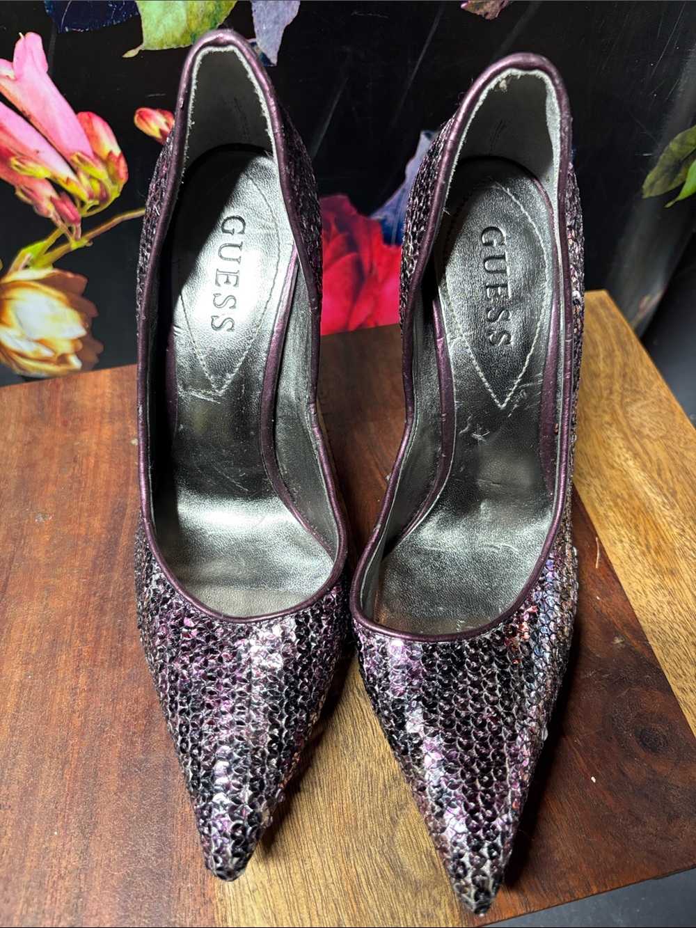 GUESS Metallic Purple Sequin Pointed-Toe Heels